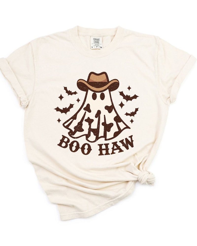Front of a size L Boo Haw Ghost Garment Dyed Tee in Ivory by Simply Sage Market. | dia_product_style_image_id:313387